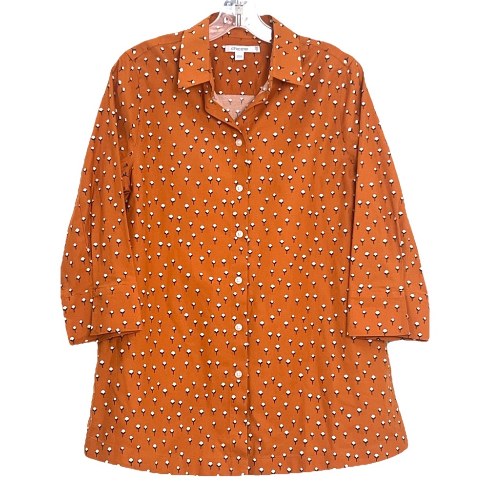 Chico's No-Iron Blouse 0.5 US6 Burnt Orange Cotton Boll Print 3/4 Sleeve Stretch